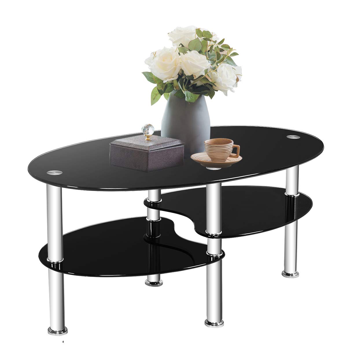 Table basse en verre, table d'appoint à thé moderne ovale en verre lisse à 2 niveaux